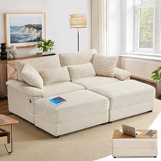 SUNWAVE 74" W Double Chaise Lounge Chair Indoor, Oversized Loveseat with Storage Ottoman, Corduroy Couch with USB Charging, Removable Ottoman, and Coffee Table Cushions for Living Room Bedroom