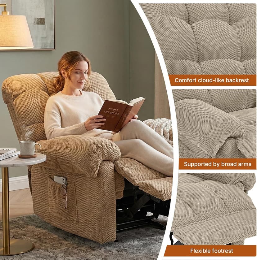 Comfy Recliner Chair for Elderly Seniors Adults, Overstuffed Manual Recliner, Ergonomic Back Pain Relief w/Pockets, Reading Apt Bedroom Living Room, Birthday Gift, Camel
