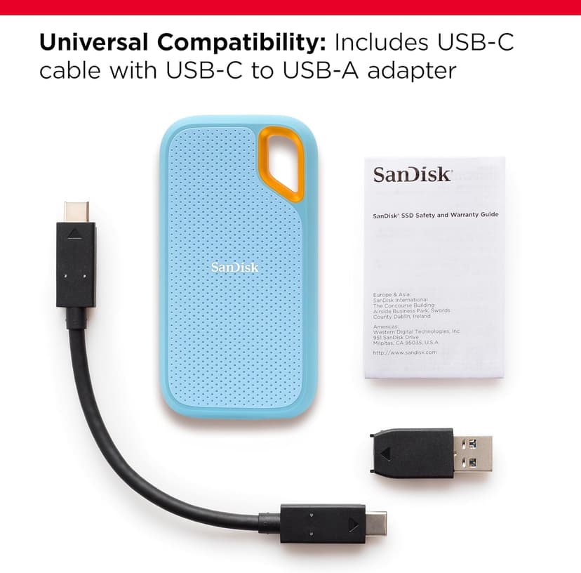 SanDisk 2TB Extreme Portable SSD - Up to 1050MB/s, USB-C, USB 3.2 Gen 2, IP65 Water and dust Resistance, Updated Firmware, Sky Blue - External Solid State Drive - SDSSDE61-2T00-G25B