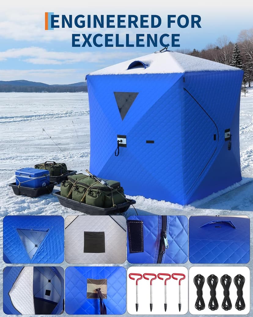 3-4 Person Pop-Up Ice Fishing Shelter – Portable Windproof & Insulated Hub-Style Shelter with 210d Oxford Fabric | Includes Anchors, Ropes & Carry Bag | Quick-Setup Ice Shanty for Winter Fishing