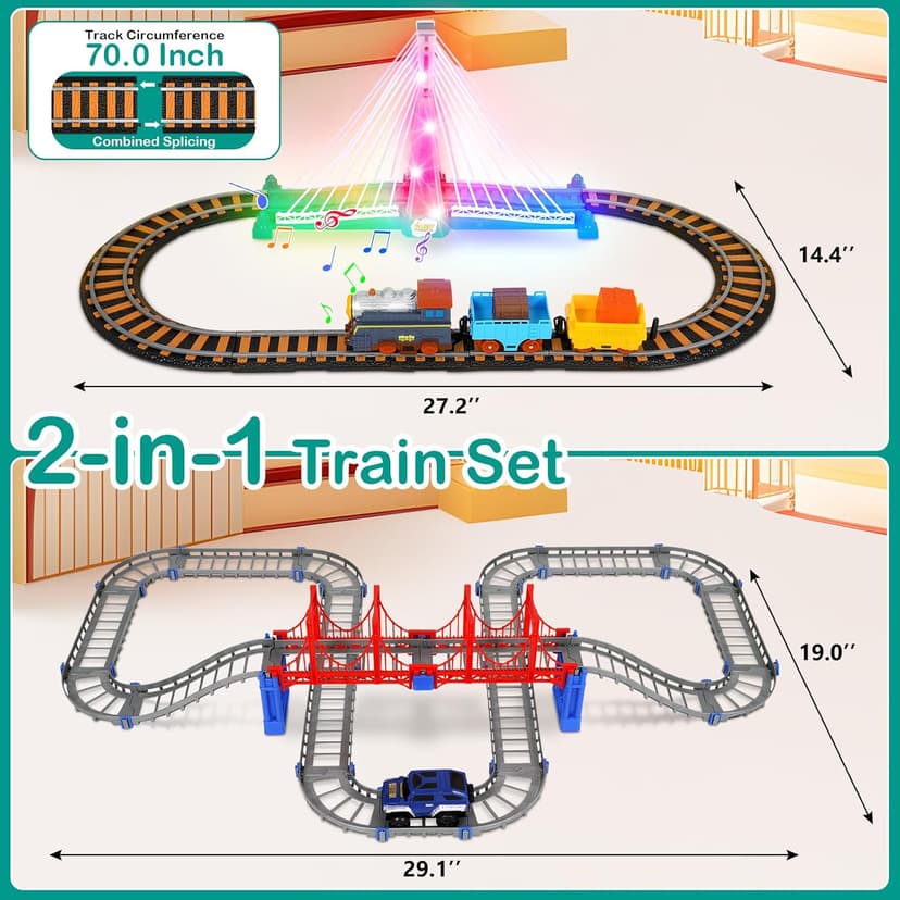 Electric Train Set for Kids Ages 4-8 with Train Tracks Set & Car Tracks Lights Up Bridge Road Sign Realistic Sound Train Track Accessories Playset Boy Toys Birthday 4 5 6 7 8+ Year Old