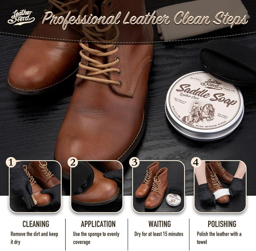 Saddle Soap for Leather, Leather Nerd Leather Cleaner Conditioner for Boots, 4.23 Oz with Sponge, All-Natural Protect Soften and Restore Shoes, Jackets, Purses, Gloves, Vinyl, and Leather Products