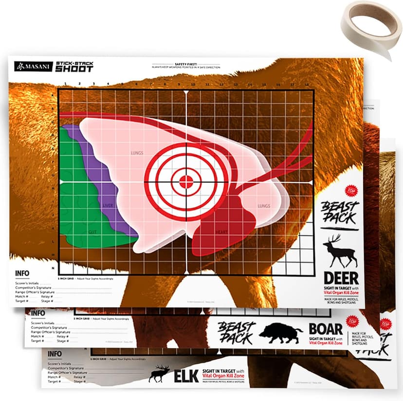 MASANI Beast Pack - Life Size Deer, Elk, and Boar Paper Shooting Targets - Indoor/Outdoor, Backyard Range Fun for All BB Gun, Pistol, Rifle, Crossbow, Archery, Pellet and Airsoft Guns - 19 x 25 Inch
