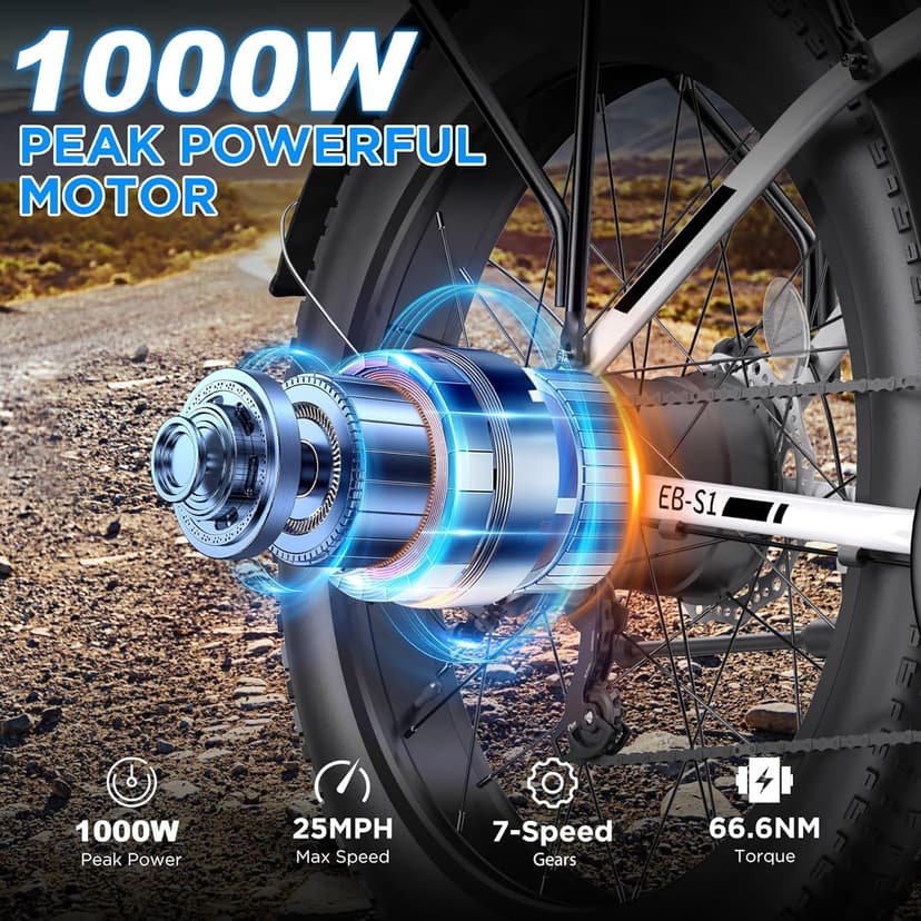 Electric Bike for Adults, 1000W Peak Ebike, 25MPH 60Miles Electric Mountain Bike, 26" Fat Tire Electric Bicycle with 48V 13AH Battery, Front Suspension,7 Speed, Rear Rack, UL 2849 Certified