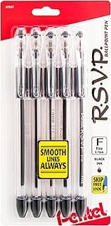 Pentel RSVP Ballpoint Pen, (0.7mm), Fine Line, Black Ink, Pack of 5 (BK90PF5A)