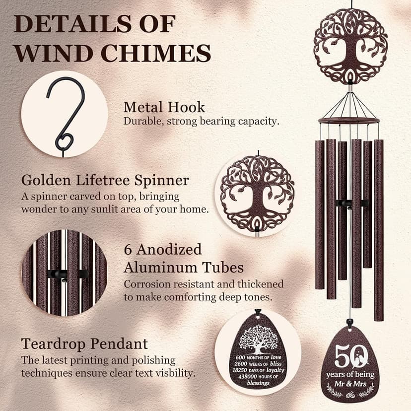 Golden Anniversary Keepsake for Parents, Husband, Wife, Couples, Friends, Tree of Life Wind Chime 37 in Garden Decor SteadStyle 50th Anniversary Wind Chime, Happy 50th Wedding Jubilee Gifts B0FHH4GHX5