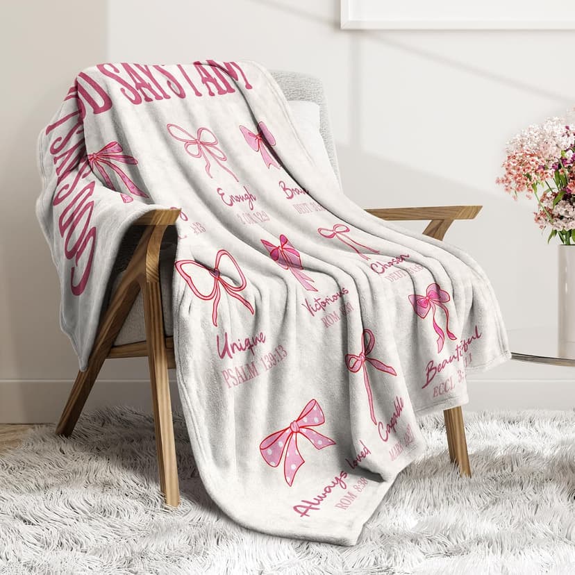 Christian Gifts for Women on Birthday Christmas, Christening/First Communion/Dedication Gifts for Baby Girls Teens Daughter Baptism Gifts for Girls, God Says I Am Pink Bow Blanket 50"x60" B0FZB5XHKX