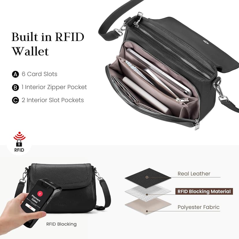befen Genuine Leather Crossbody Bags for Women with Built in RFID Wallet Medium Womens Saddle Bag Cross Body Purse