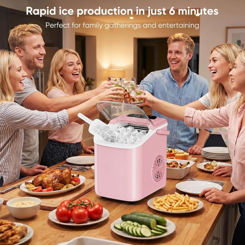 DUMOS Ice Maker Countertop, Ice Machine with Portable Handle, Basket and Scoop, 26lbs Daily, 9 Bullet Cubes in 6~8 Mins, Auto-Cleaning for Home, Kitchen, Office, Outdoors, RV Camping