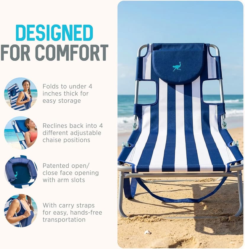 Ostrich The Original Chaise Lounge Portable Reclining Beach Chair, Blue Stripe - Bundled with Custom Fitted Towel Cover, White
