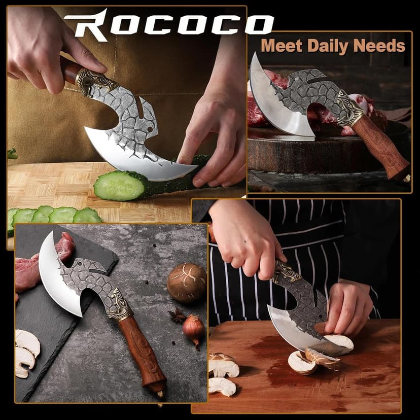 ROCOCO Viking Cleaver Knife Butcher Meat Cutting Boning Knife Hand Forged Chinese Kitchen Axe with Sheath Home Outdoor BBQ Camping Chirstmas Birthday Chirstmas Mother Father Gift Men