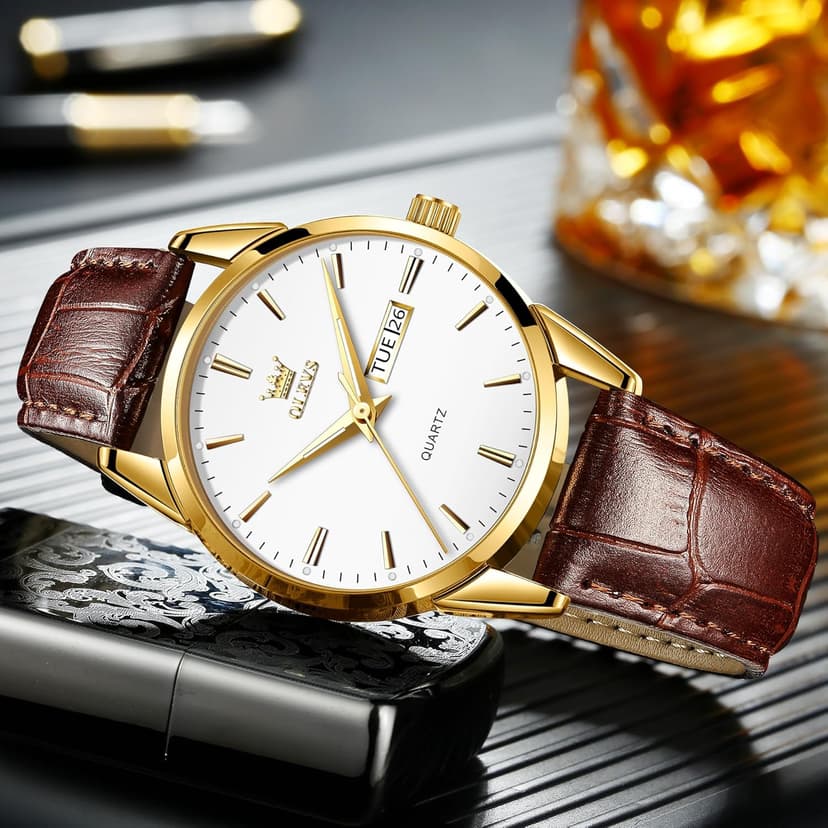 QBAIZI Men's Casual Leather Watch, Easy to Read Three-Hand Analog Stainless Steel Watches for Men, Minimalist Day Date Waterproof Luminous Mens Quartz Wristwatch