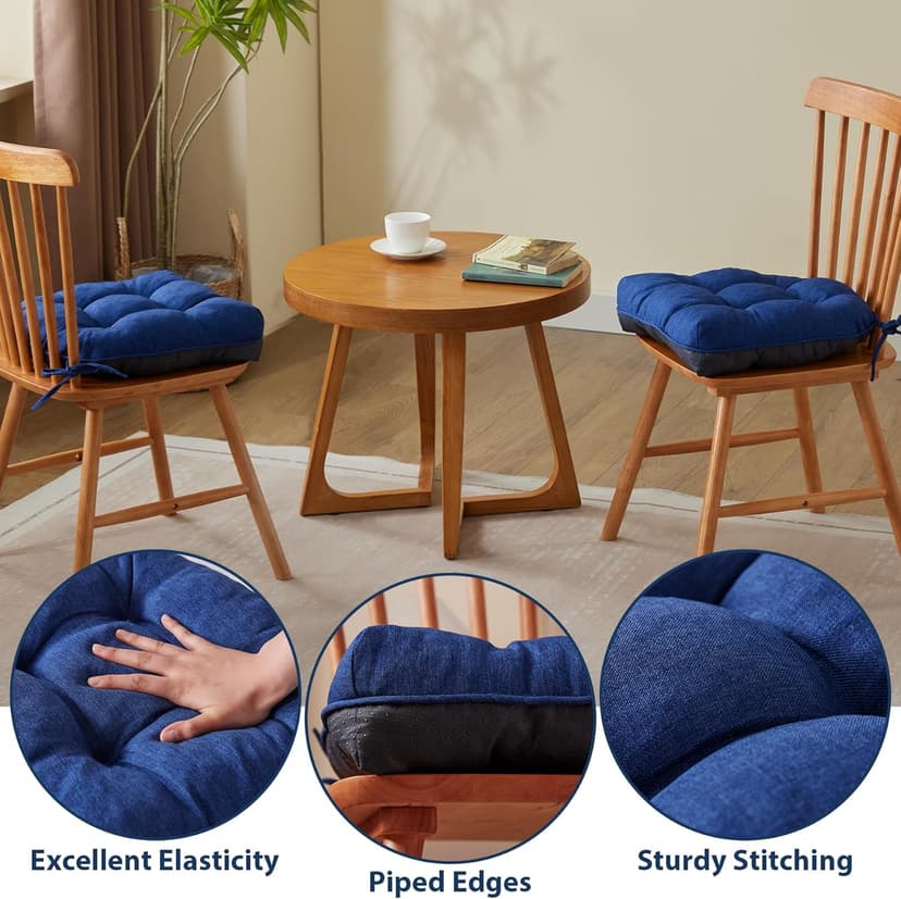 IASEAHK Chair Cushions for Dining Chairs, Seat Cushions for Kitchen Chairs, Indoor Seat Cushions with Ties, Tufted Foam Chair Pads, Non Slip Chair Cushions Set of 4, 15.5" x 15.5" x 4", Navy Blue