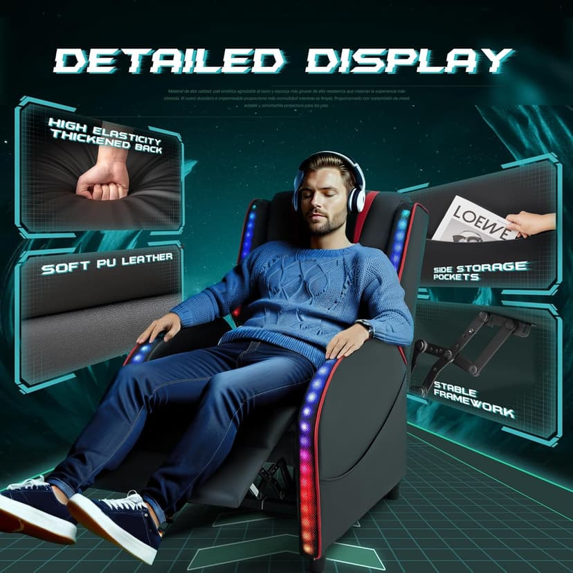 Homall LED Gaming Massage Recliner Chair Racing Style Single Living Room Sofa Comfortable Ergonomic Home Theater Seating(Red)