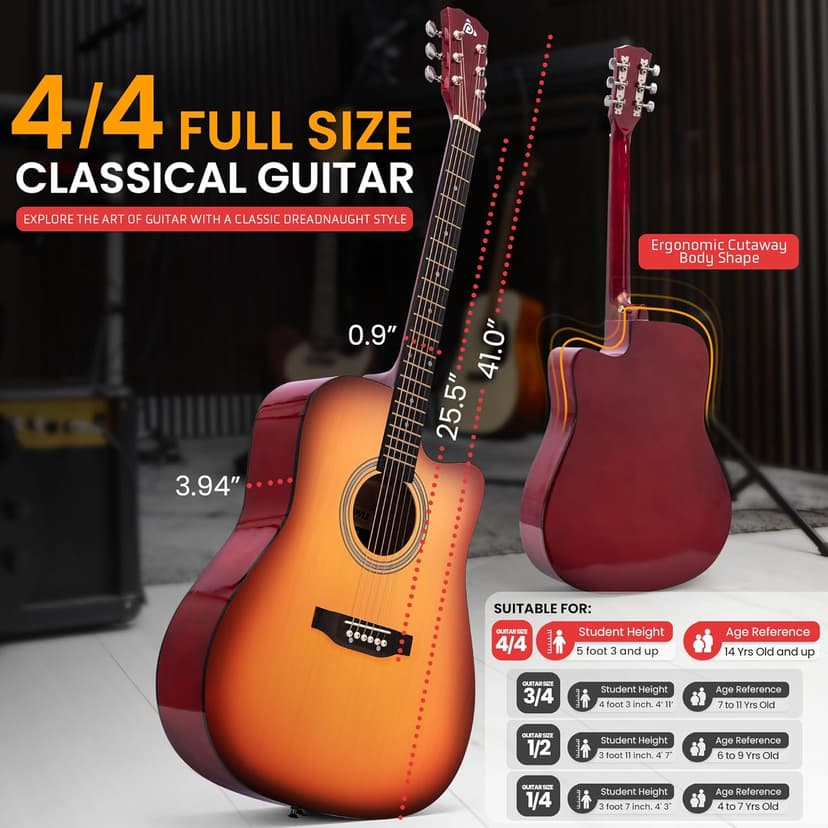 Pyle Steel String Acoustic Guitar Kit, 4/4 Full Size Cutaway All-Wood Guitarra Acustica with Premium Accessory Set and Upgraded Gig Bag, 41" Cherry Burst Glossy