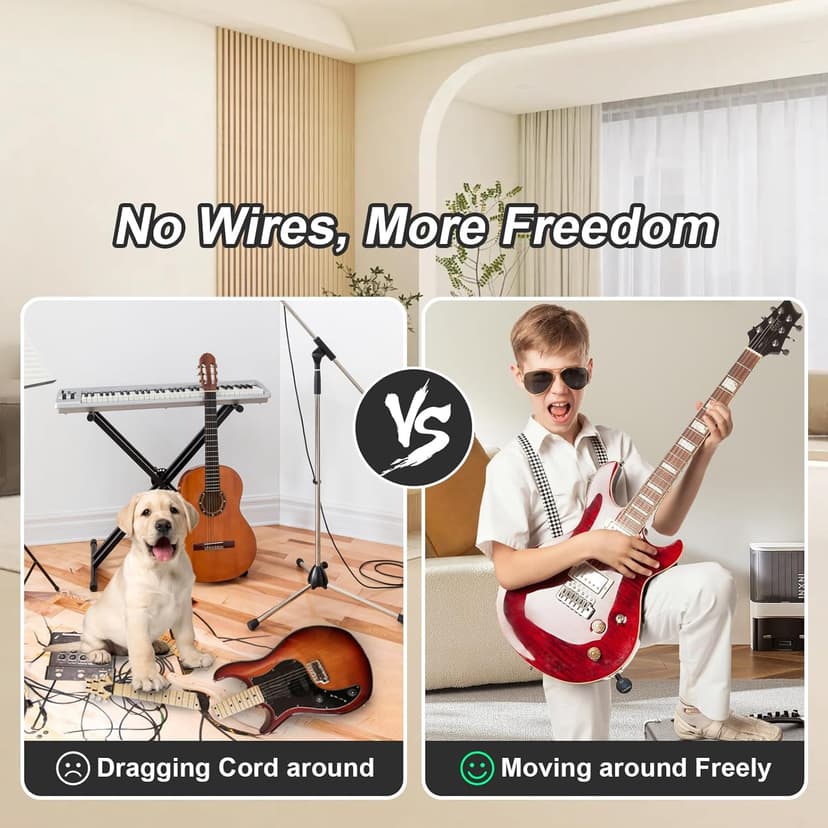 A13 Wireless Guitar Transmitters Receivers, Wireless Guitar/Bass/Keyboard System, 2.4GHz Guitar Accessories, No Latency, 100ft Range, Rechargeable 5-Hour Battery, Plug & Play (2TX+1RX)