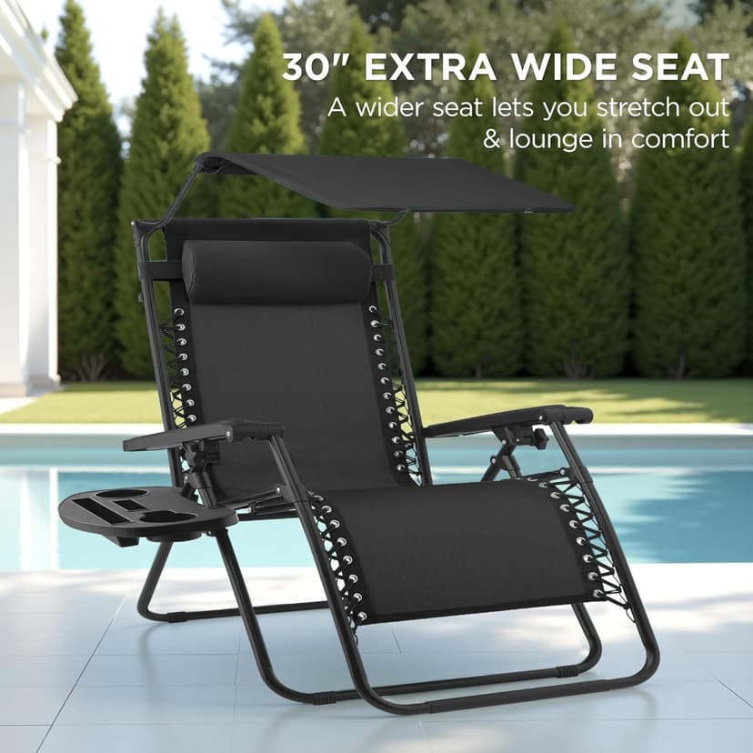 Best Choice Products 30” Wide Folding Zero Gravity Outdoor Recliner Patio Lounge Chair w/Adjustable Canopy Shade, Headrest, Side Accessory Tray - Black