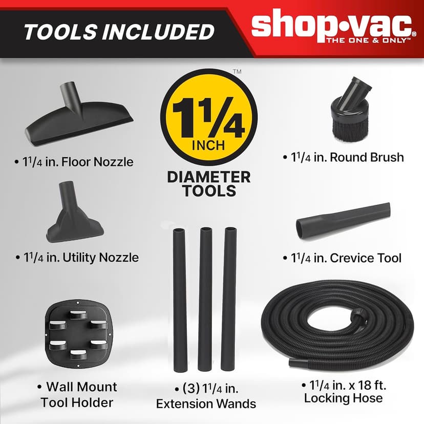 Shop-Vac 9522205 5 Gallon 5.5 Peak HP Hangup Wet/Dry Vacuum, 1.25 Inch Diameter x 18 Foot Hose, 6 Foot Cord, Wall Mount Included, Ideal for Garage, Workshop & Home