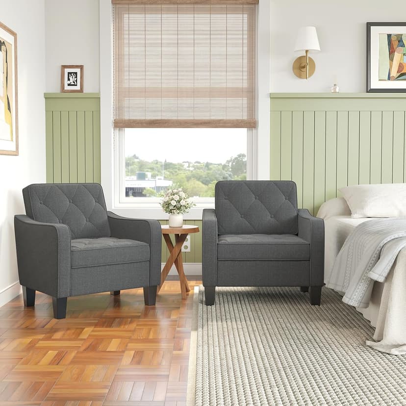 STHOUYN Living Room Chairs Grey Accent Chairs Set of 2, Waiting Room Arm Chairs, Reading Chairs for Bedroom Comfy Club Chair Tufted, Office Small Space (2, Grey)