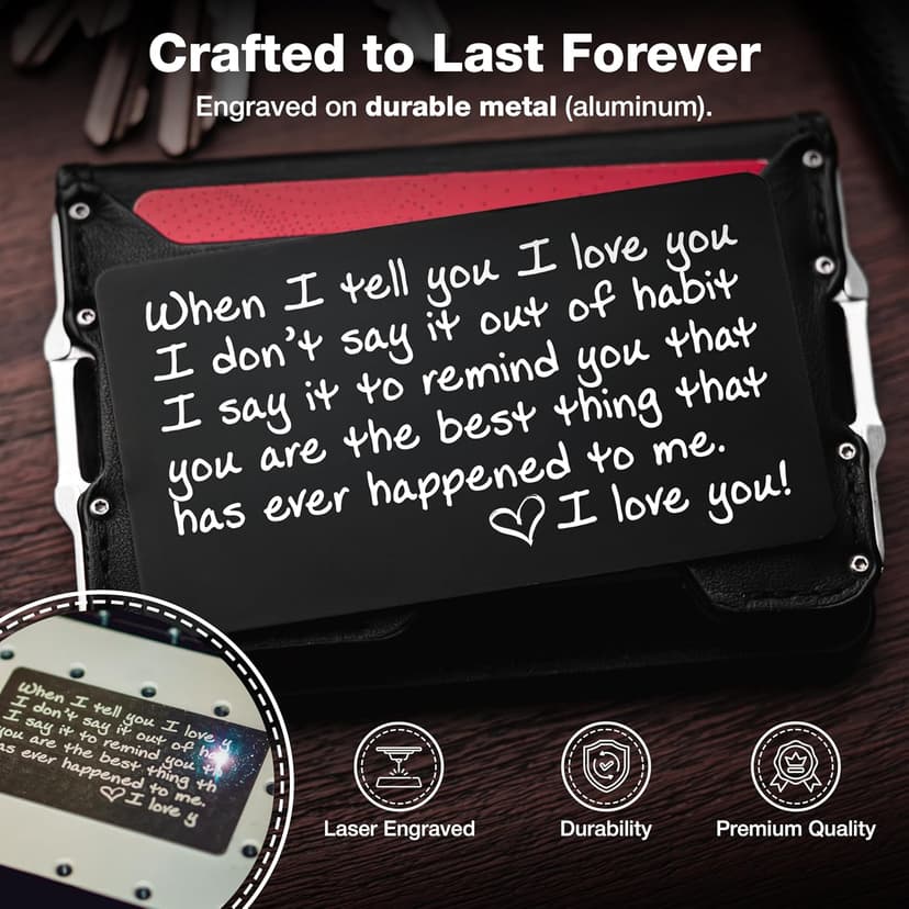 I Love You Card for Wallet – Surprise Gift for Him or Her - Voted Best Love Gift for Men or Women - Engraved, Durable, and Stays in Their Wallet Forever - Black Envelope Included