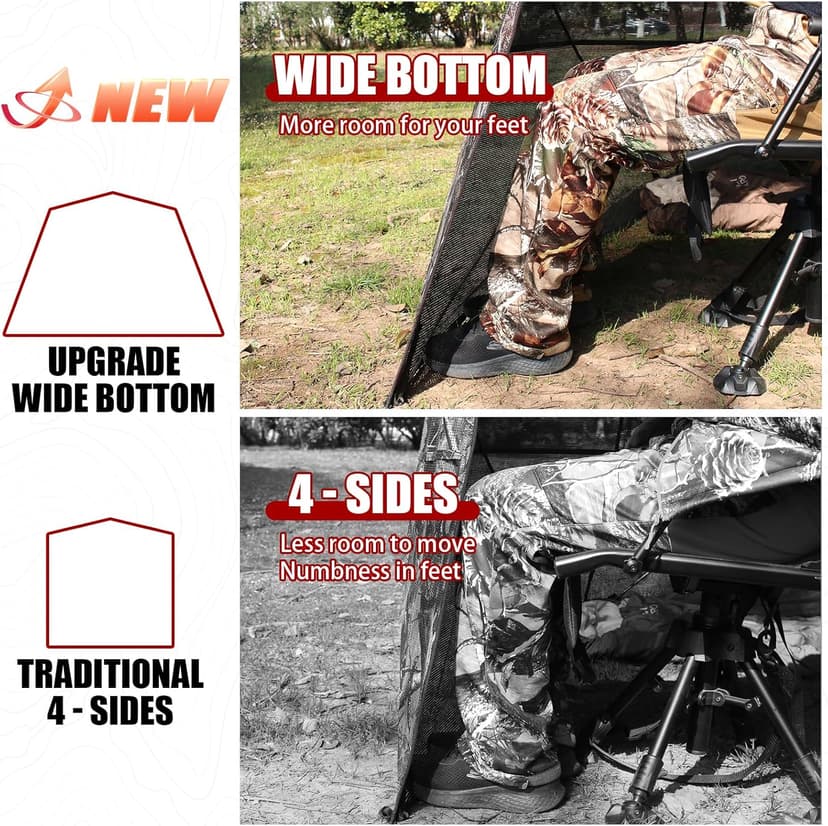 Wide Bottom Hunting Blind 1-3 Person with Portable Chair, 270 Degree See Through Pop up Ground Blinds for Deer Turkey Duck Hunting, Bow Hunting Adjust Windows with Silent Zipper