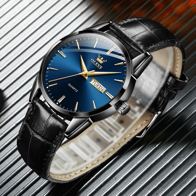 QBAIZI Men's Casual Leather Watch, Easy to Read Three-Hand Analog Stainless Steel Watches for Men, Minimalist Day Date Waterproof Luminous Mens Quartz Wristwatch