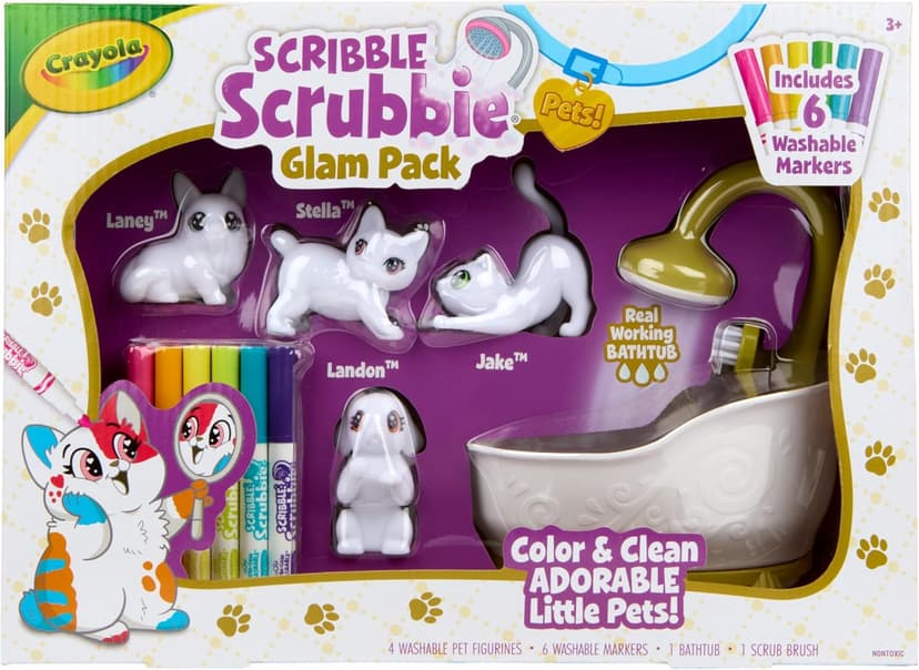 Crayola Scribble Scrubbies Glam Pack (4 Pets), Holiday for Kids, Washable Pet Care Toy, Coloring Animal Craft, Stocking Stuffer Toys for Girls & Boys, 3+