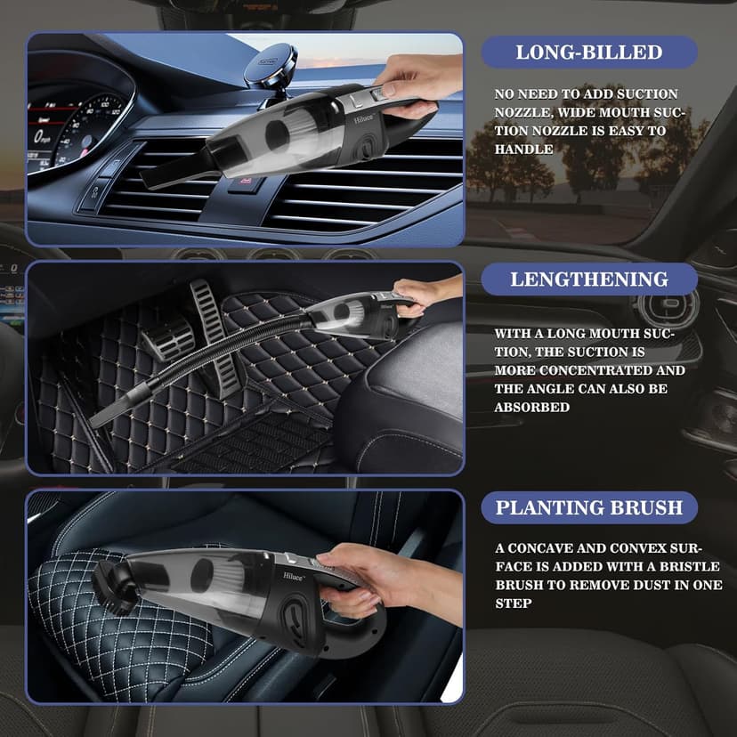 Hiluce Car Vacuum Portable Cordless, Handheld Vacuum Cleaner High Power for Wet and Dry, USB Rechargeable Lightweight Cordless Vacuum, 0.45L Capacity Storage Bag,for Car/Stairs/Pet Hair(Black Silver)