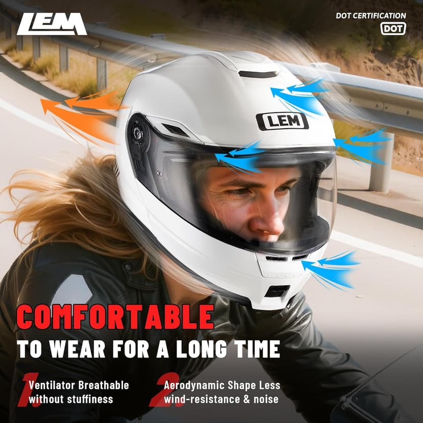 LEM Modular Motorcycle Helmets Fiberglass, Full Face Motorcycle Helmet Flip Up for Touring, DOT Certified, Release Sun Visor & Removable Comfort Liner, Lightweight Street Bike Helmet (White, M)