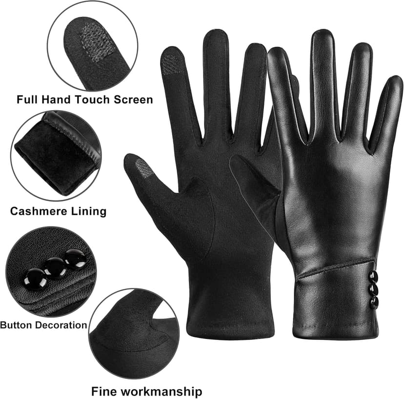Kebesu Winter Fashion Leather Gloves for Women, Touch Screen Wool Lined Outdoor Windproof Warm Suede Driving Dress Gloves