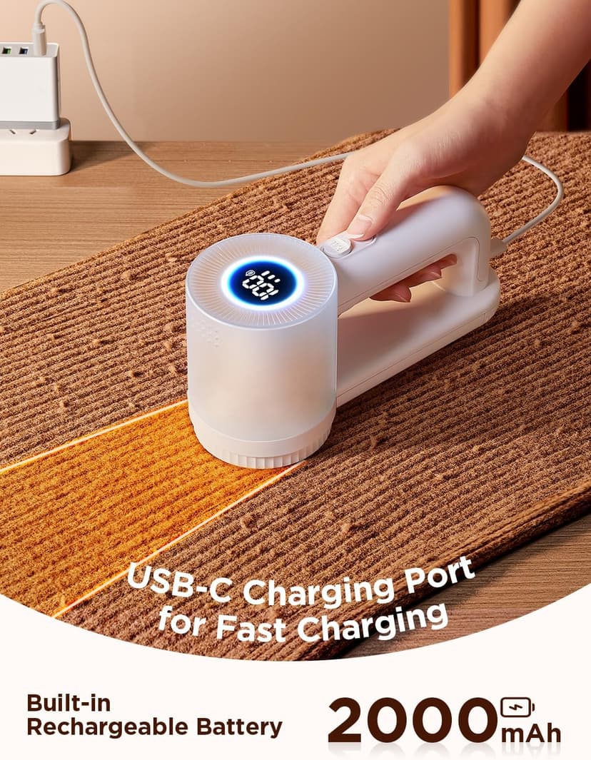 Rechargeable Fabric Shaver, Lint Remover for Clothes, Lint Shaver 6-Leaf Blades, 3-Speeds Lint Shaver with LED Display for Effortless Fuzz & Pill Removal for Clothes, Sweaters, Furniture, White