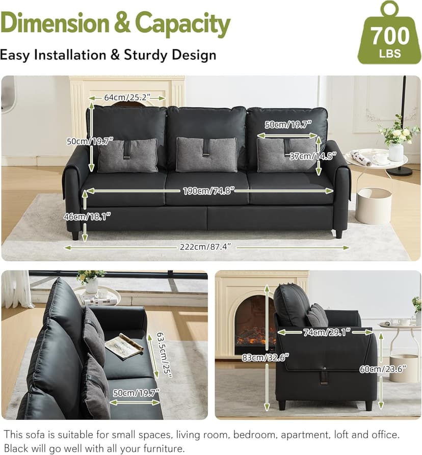 STHOUYN 88” Faux Leather Couch for Living Room, Black Office Couch Small Space, Comfy 3 Seater Couches Leather Sofa with High Backrest (Black)