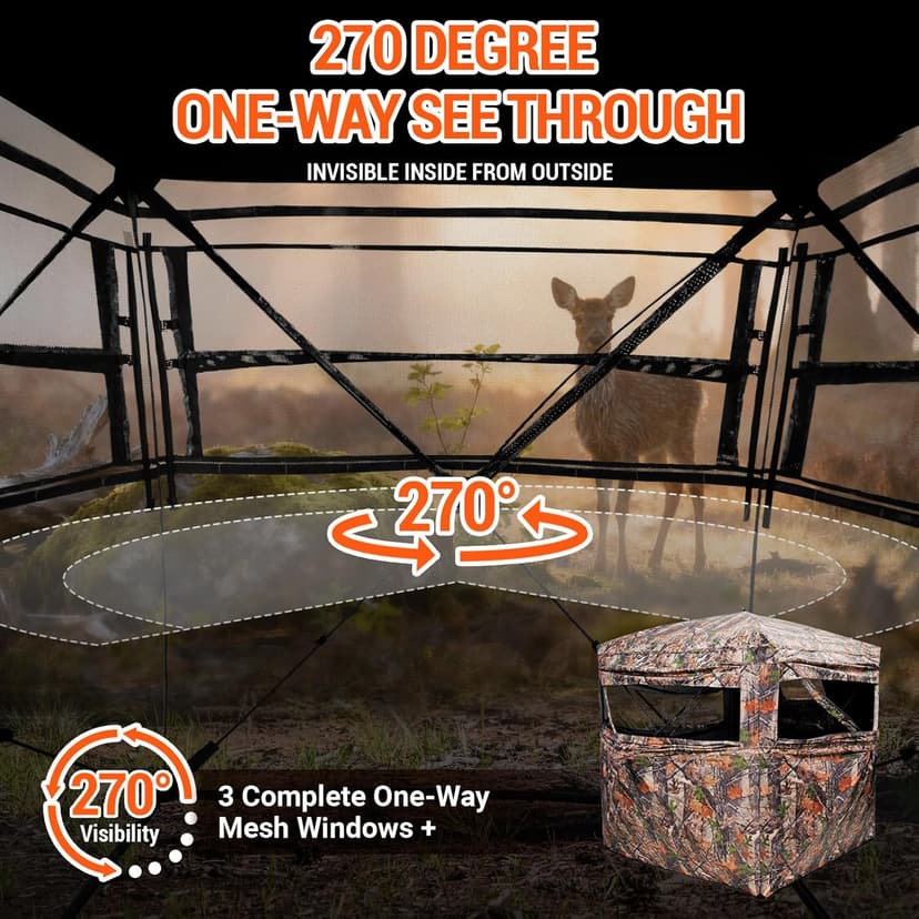 FUNHORUN Hunting Blind 270/360 Degree See Through Ground Blind，2/3 Person Soft Material Pop-Up Camouflage Tent，Easy-Fold Portable Concealed Shelter with Carrying Bag