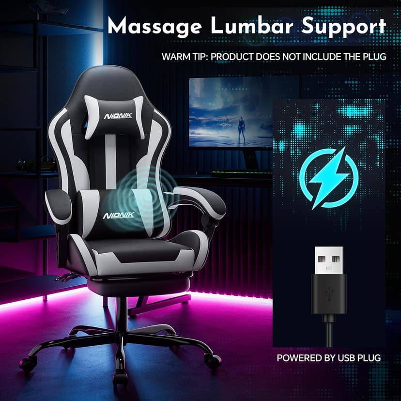 Gaming Chair, Ergonomic Computer Chair with Footrest and Lumbar Support, Height Adjustable Game Chair with 360°-Swivel Seat and Headrest and for Office or Gaming Blackwhite