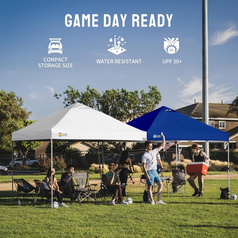 CROWN SHADES 10x10 Pop Up Canopy - Beach Tent with One Push Setup - Easy Outdoor Sun Shade for Events, Parties, Camping - Gazebo with STO-N-Go Cover Bag, Silver Coated Top, Grid White