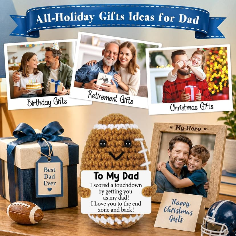 Dad Gifts from Daughter Son Wife, Positive Handmade Crochet Dad Birthday Gift, Funny Cute Small Gifts for Dads, I Love You Girl Papa Gift Idea, Unique Doll for Step-Dads Football