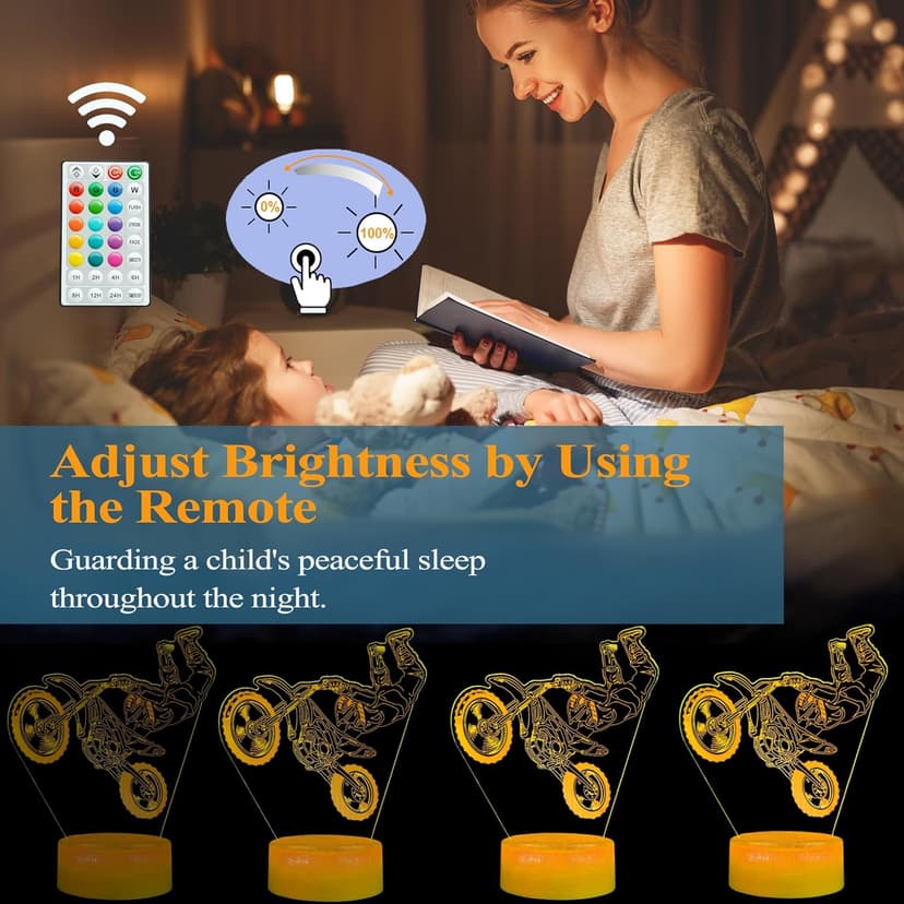 Dirt Bike Night Light, Dirt Bike Gifts for Boy, 3D Illusion Lamp with Remote Control, 16 Colors Changing, RGB Flashing Mode and Dimmable, Gifts for Boys Christmas Decor