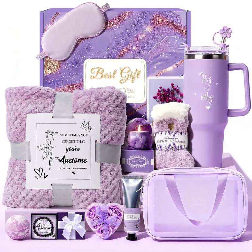 Birthday Gift for Women, Luxury Self Care Spa Gift Basket with Blanket for Mom, Wife, Sister, Friend, Girlfriend, Grandmother, Get Well Soon & Christmas gift for Her B0FKMYHG7N