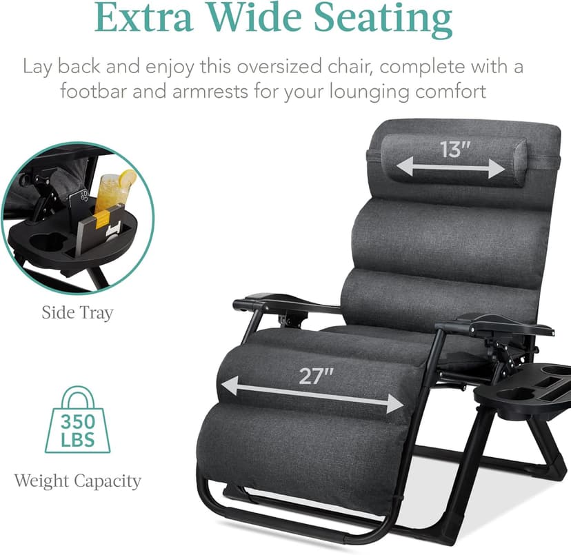 Best Choice Products Oversized Zero Gravity Chair, Folding Outdoor Patio Recliner, XL Anti Gravity Lounger w/Removable Cushion, Cup Holder, Side Tray, 350lb Capacity - Fossil Gray