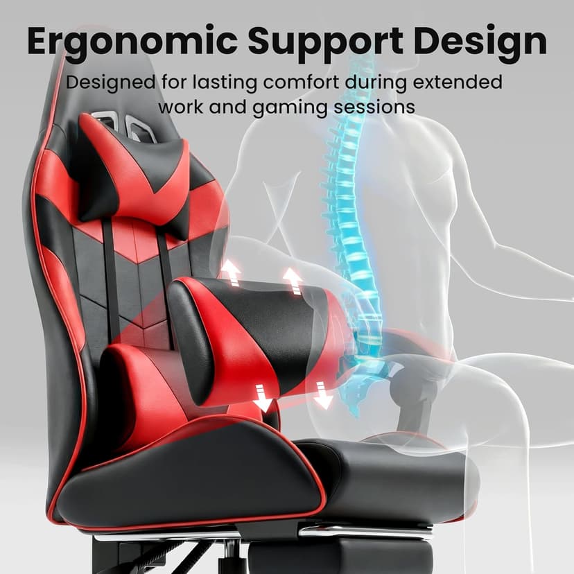 Gaming Chair, Ergonomic Computer Chair with Footrest and Lumbar Support, Height Adjustable Office Chair with 360° Swivel Seat and Headrest (Red & Black)