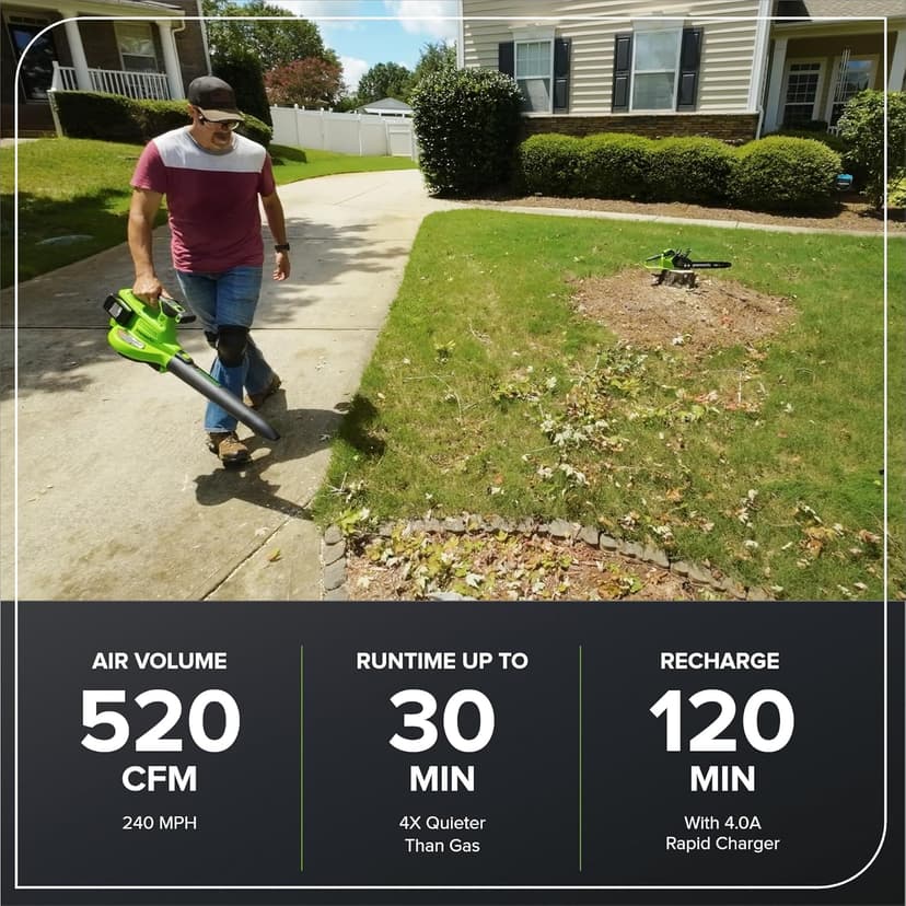 Greenworks 48V (24V x 2) Cordless Brushless Leaf Blower/Vacuum (520 CFM / 240 MPH) with Bag, Powerful & Efficient for Yard Debris Cleanup, Includes (2) 4.0Ah Battery & Dual Port Charger