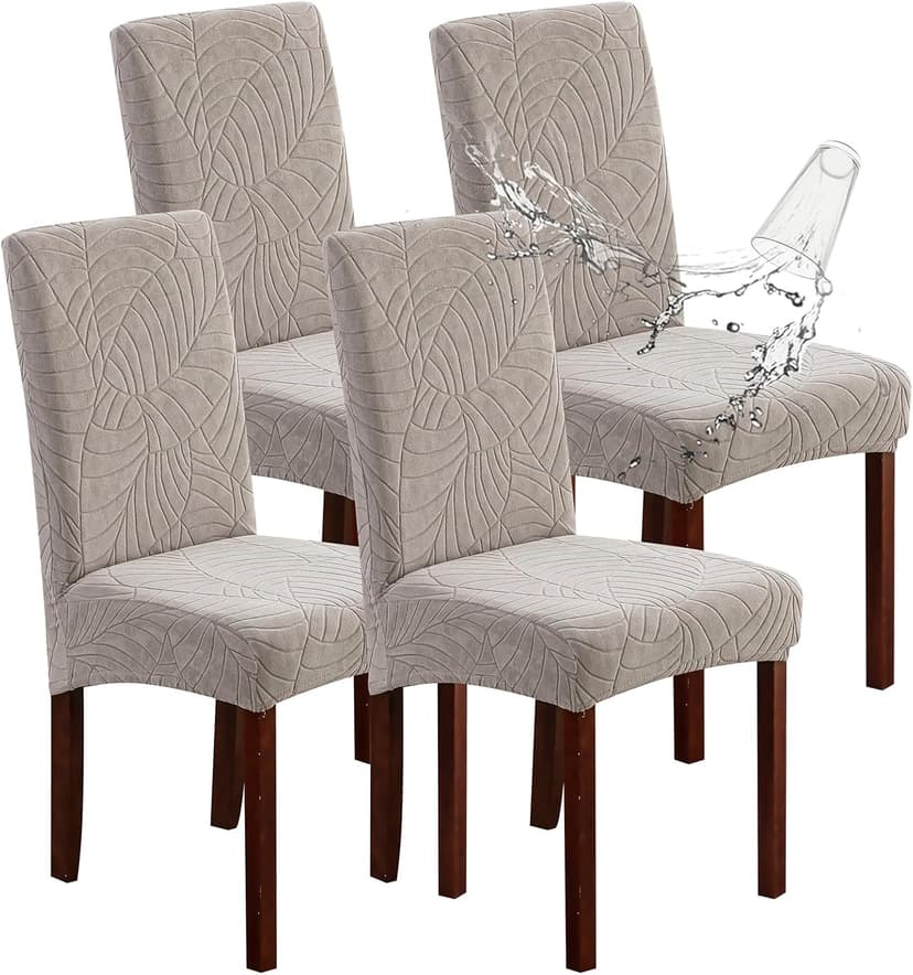 Genina 100% Waterproof Chair Covers for Dining Room Set of 4, Stretch Parson Chair Slipcovers for Kitchen Chairs, Washable Chair Protectors, Leaves-Warm Gray