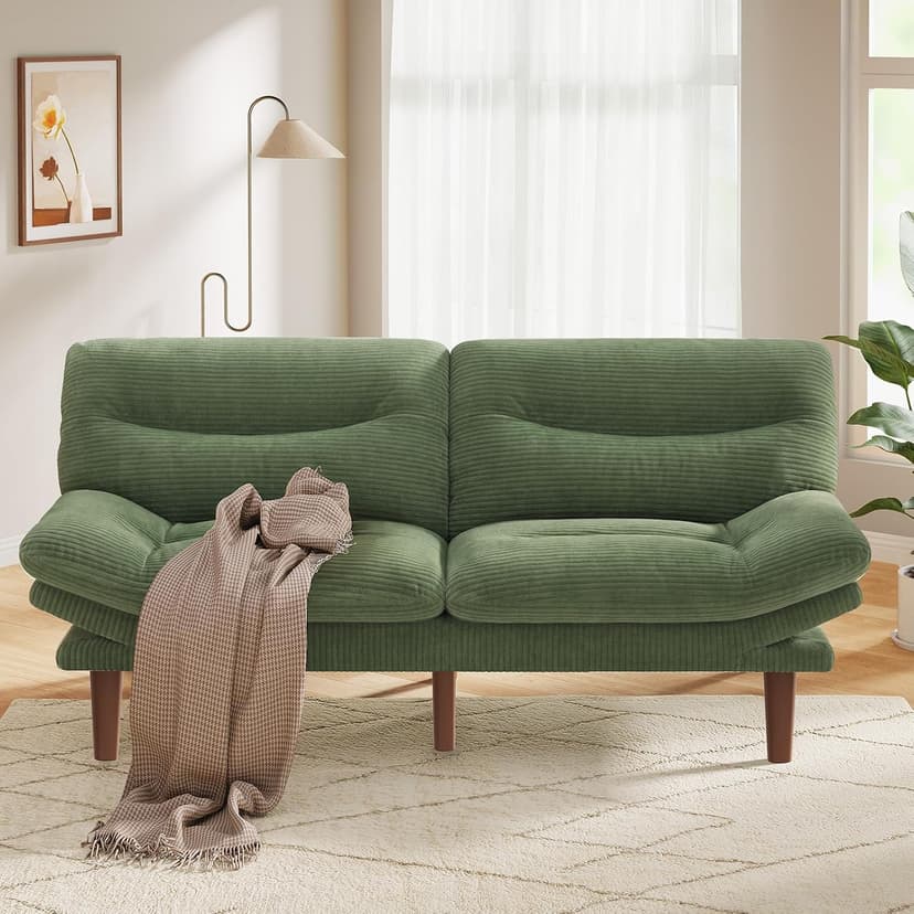 Pipishell 75" Futon Sofa Bed, Convertible Corduroy Space-Saver Couch with Adjustable Back & Armrests, Recliner Sleeper for Small Apartments, Office, Guest Room (Green) | Space-saver