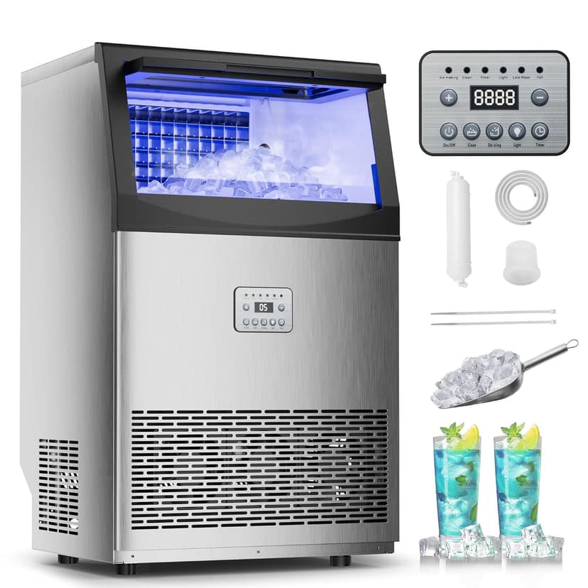 Commercial Ice Maker,200 lbs/24H,96 Cubes in 14 Mins,Stainless Steel Ice Machine with 33 lbs Storage Capacity,Water Filter,Self-Cleaning,Under Counter/Freestanding Ice Maker for Restaurant,Cafe,Home