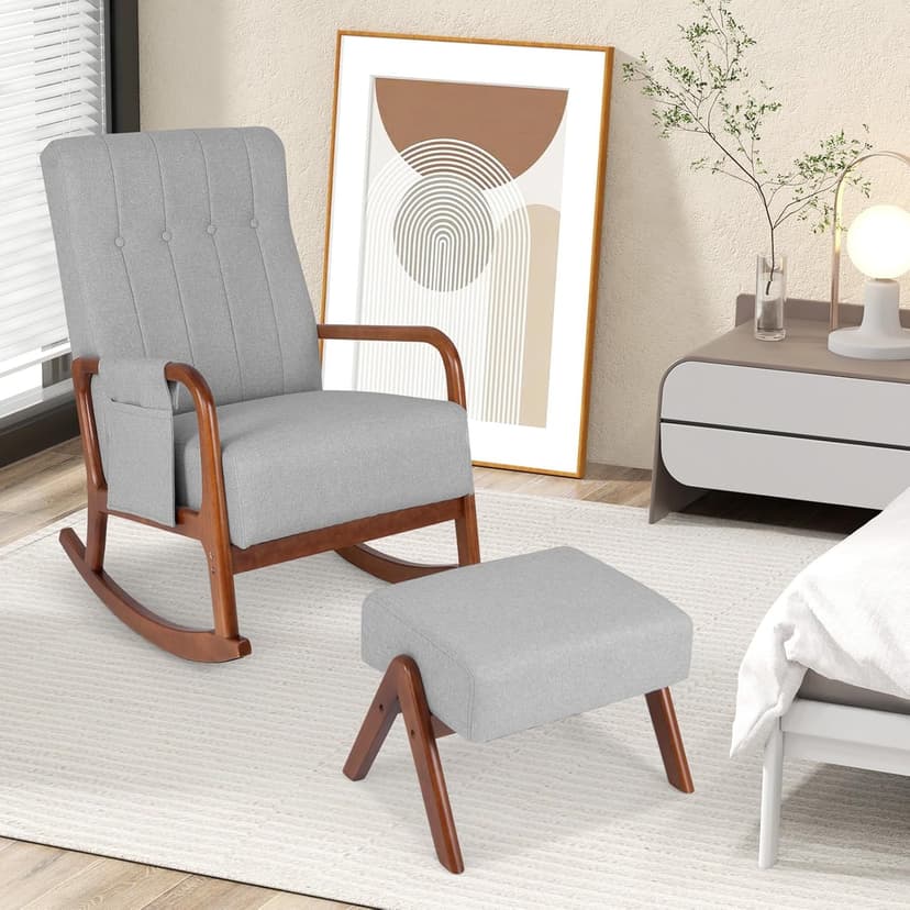 Giantex Rocking Chair with Ottoman, Upholstered Rocker Chair w/Solid Rubber Wood Frame, Side Pocket, Linen Nursery Chair w/Footrest, Tufted Glider Chair for Living Room, Bedroom, Grey