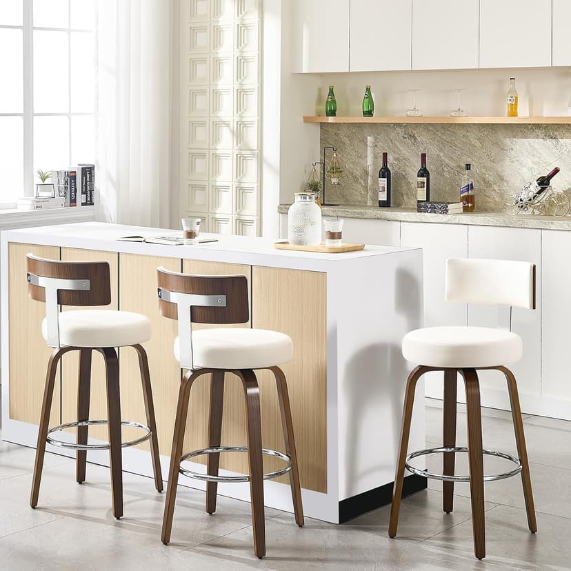 Bekrvio Swivel Counter Height Bar Stools Set of 3, Faux Leather Kitchen Stools Upholstered Barstools with Back, Walnut Wood Legs, Mid Century Island Chairs Counter Stools, 26" Seat Height, White