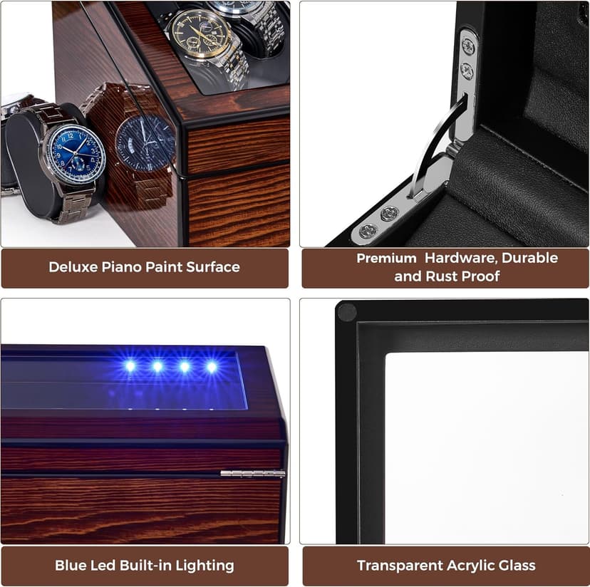BEWISHOME BEWISHOME Watch Winders for Automatic Watches, Automatic Watch Winder Box Watch Spinner with LED Light, 4 Watch Winder with Quiet Running Motor and 6 Storage Case for Man/Woman's Watches, Brown SYQ01Y