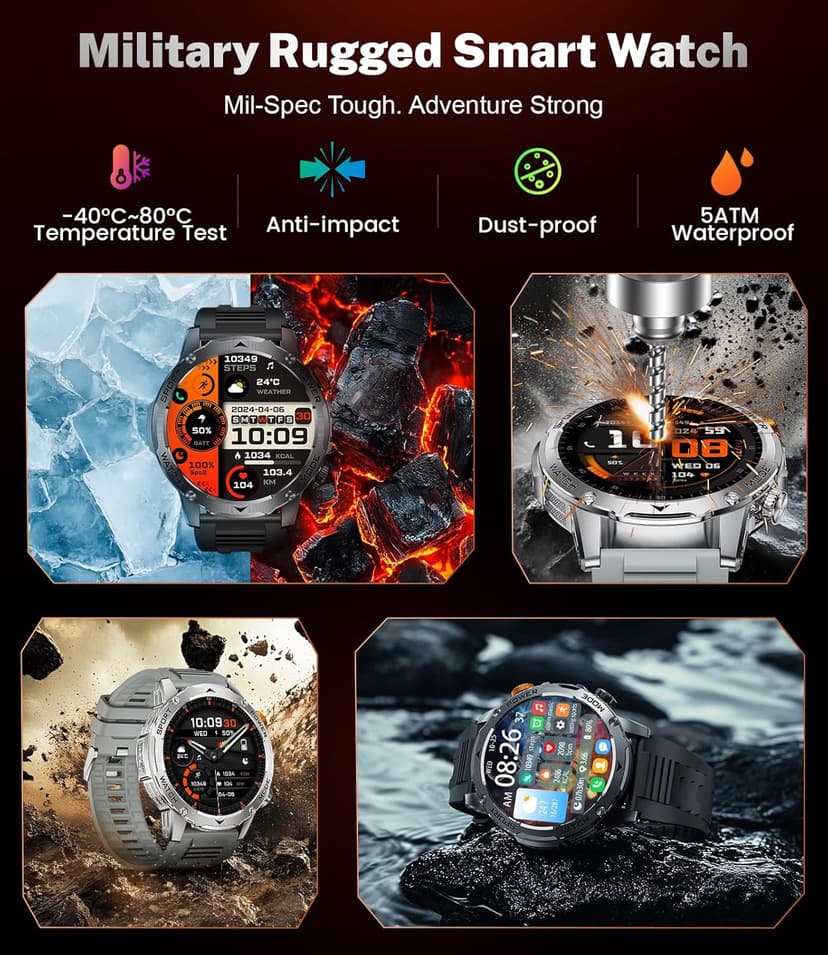 Military Smart Watch for Men 1000 mAh Battery/3 Bands/Flashlight,1.75'' HD Display Smart Watch with Call,IP68 Waterproof Fitness Tracker with Heart Rate,Sleep Monitor,100+ Sport Modes,for iOS Android
