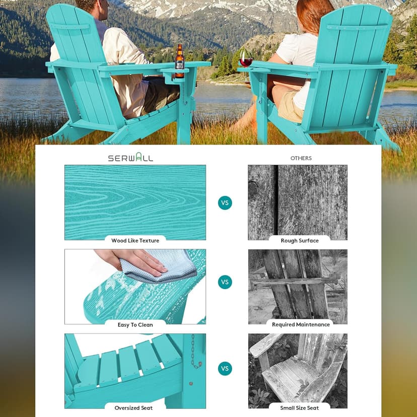 SERWALL Adirondack Chair with Cup Holders - Composite Adirondack Chairs Set of 2 HDPE Outdoor Chairs All Weather Use- Aruba