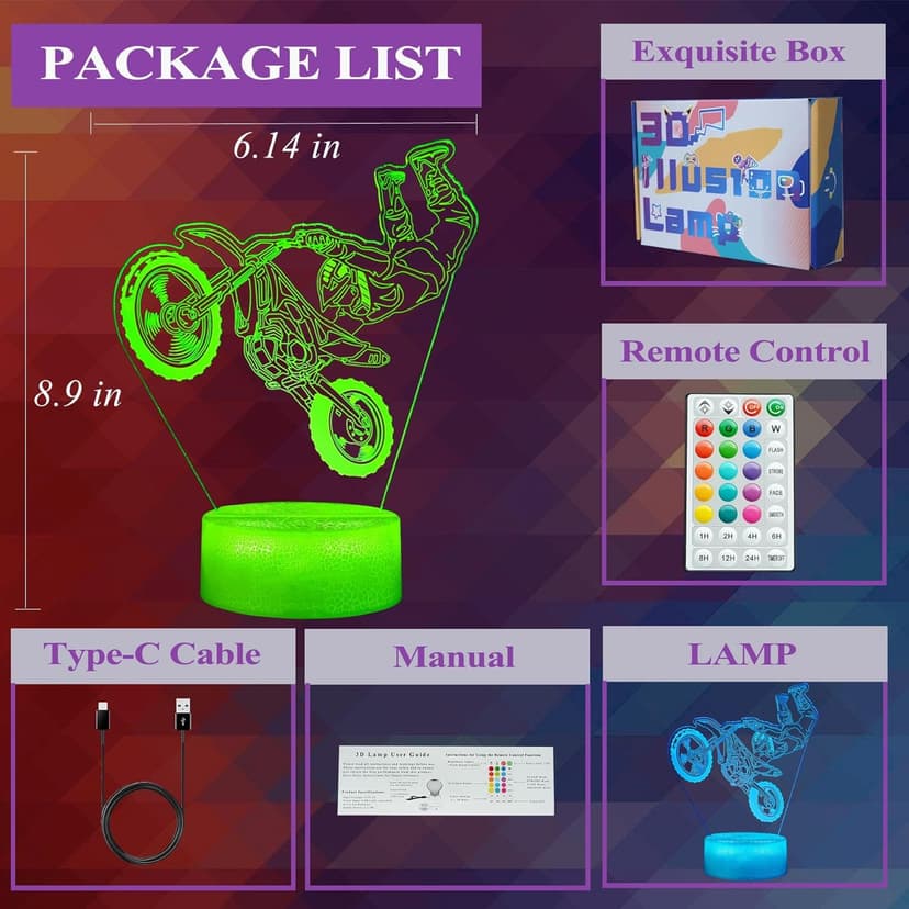 Dirt Bike Night Light, Dirt Bike Gifts for Boy, 3D Illusion Lamp with Remote Control, 16 Colors Changing, RGB Flashing Mode and Dimmable, Gifts for Boys Christmas Decor